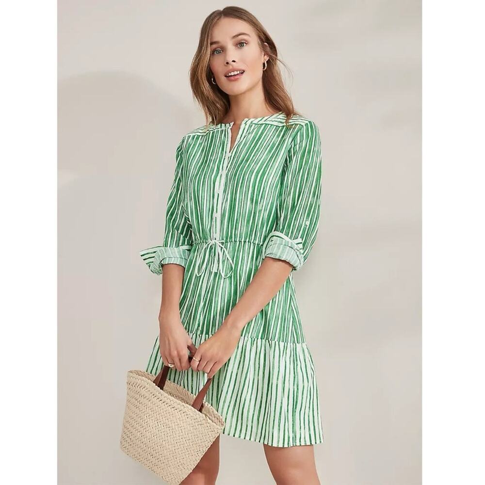 LOFT Striped Tab Sleeve Button Flounce Dress
